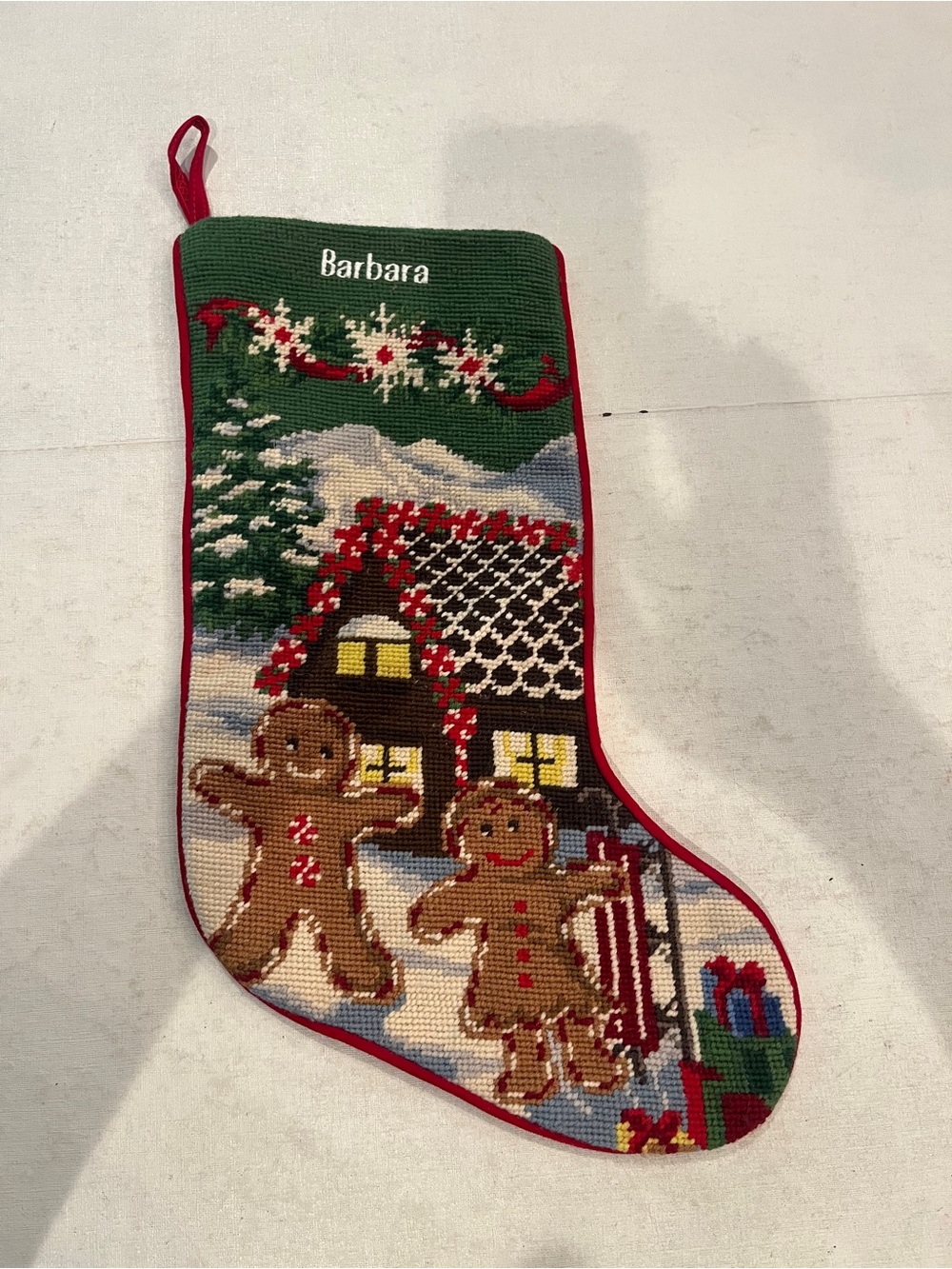 L.L. Bean Vintage style needlepoint Barbara/ Gingerbread Christmas Stocking.